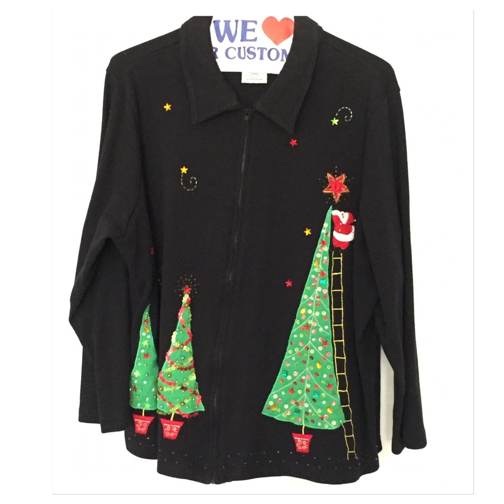 Holiday sweater with Santa and trees